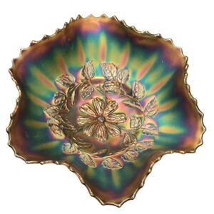 Vintage Fenton Carnival Glass Bowl Scalloped Edge Floral Pattern 10”